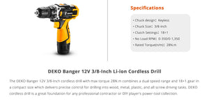 DEKO 12V/16V/20V Cordless Drill