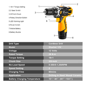 DEKO 12V/16V/20V Cordless Drill